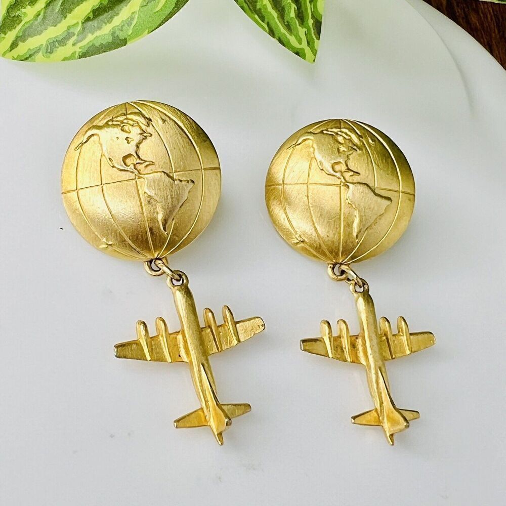 RARE JJ Jonette World Globe Airplane Earrings Dangle Brushed Satin Gold Ton 4129